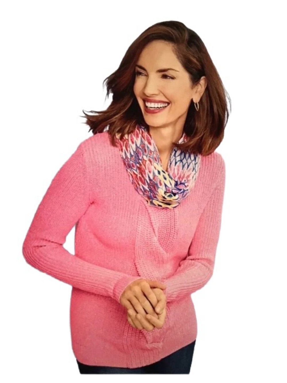 Talbots Marled Bright Pink Braided Cable Knit Chunky Sweater Ribbed Crewneck